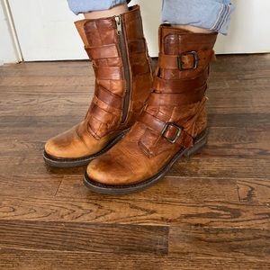Frye Moto Strappy Zip Mid Calf Leather Boots